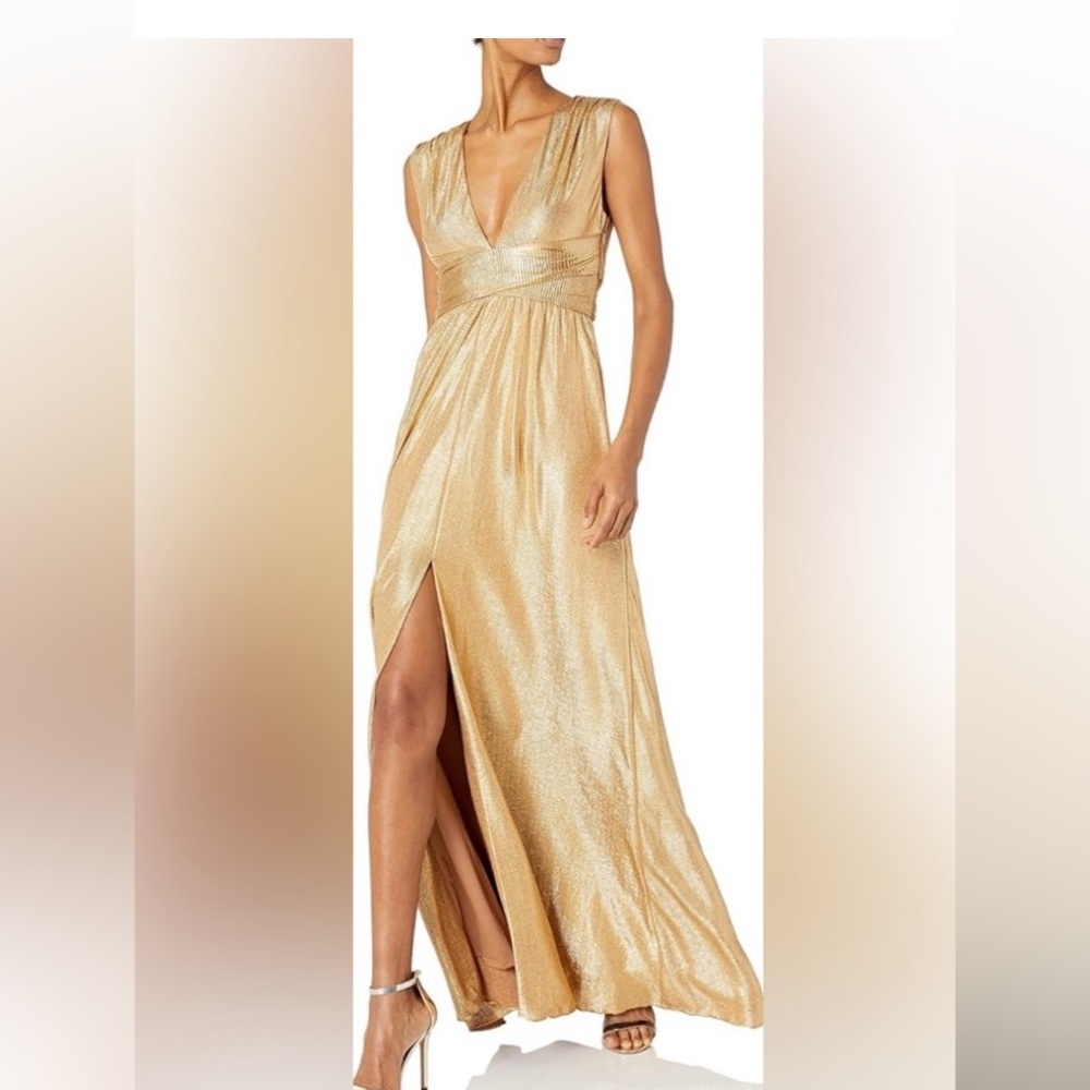 Halston Heritage Gold Metallic Plunging V-Neck Maxi Dress